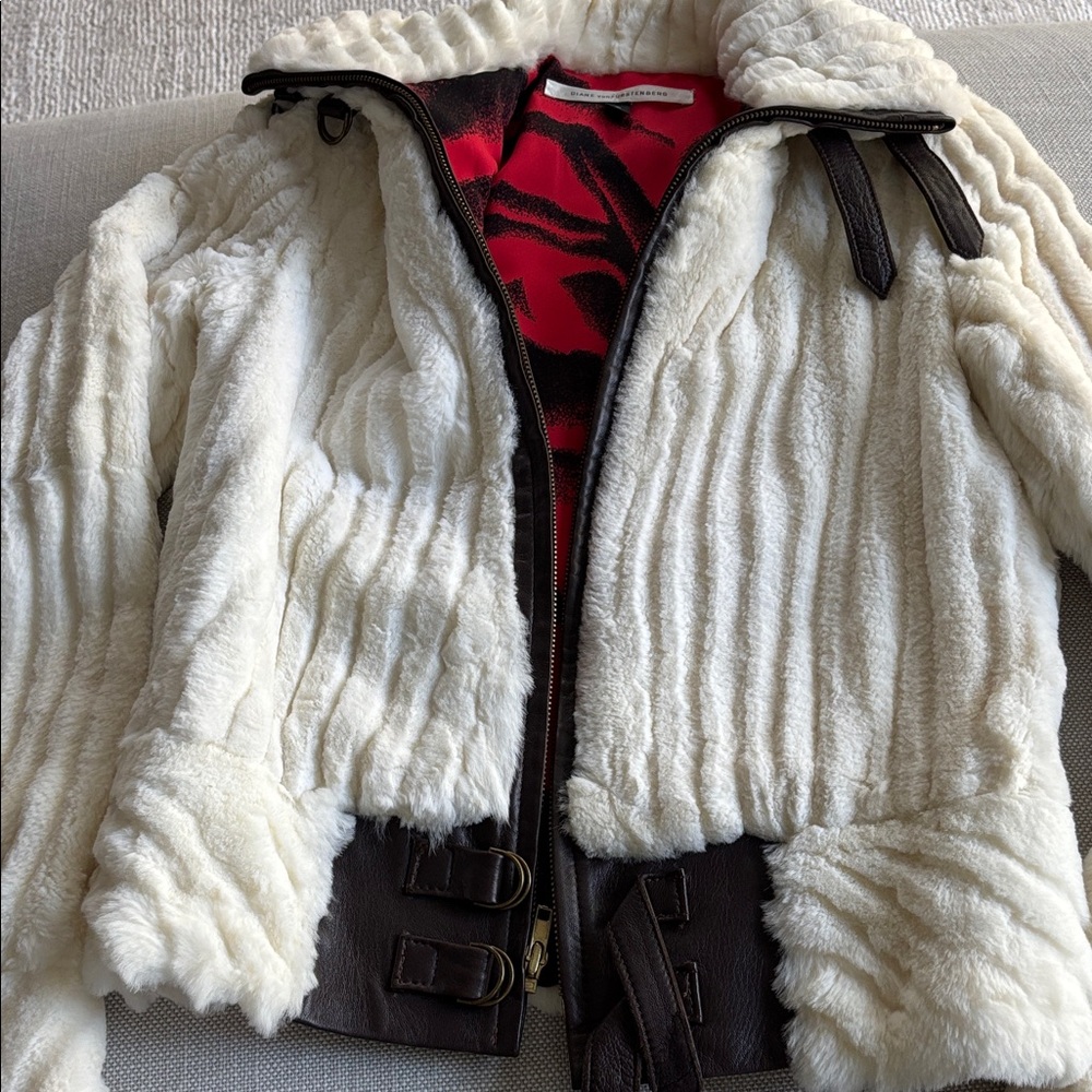 Diane Von Furstenberg White and Brown Teddy Jacket white rabbit fur